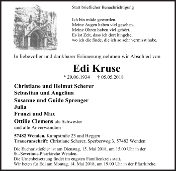 Traueranzeige von Edi Kruse von Siegener Zeitung