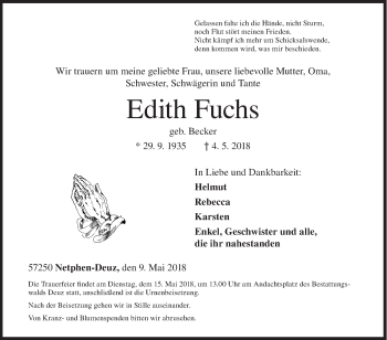 Traueranzeige von Edith Fuchs von Siegener Zeitung