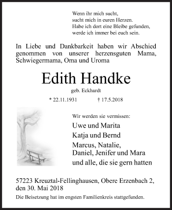Traueranzeige von Edith Handke von Siegener Zeitung