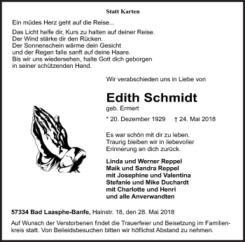 Traueranzeige von Edith Schmidt von Siegener Zeitung