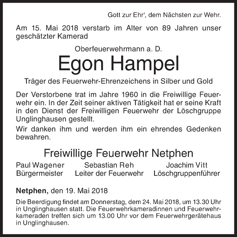  Traueranzeige für Egon Hampel vom 19.05.2018 aus Siegener Zeitung