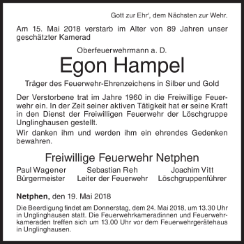 Traueranzeige von Egon Hampel von Siegener Zeitung