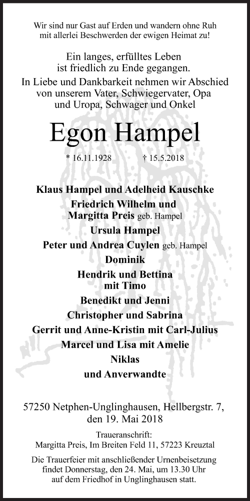  Traueranzeige für Egon Hampel vom 19.05.2018 aus Siegener Zeitung