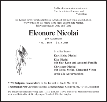 Traueranzeige von Eleonore Nicolai von Siegener Zeitung