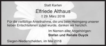 Traueranzeige von Elfriede Althaus von Siegener Zeitung