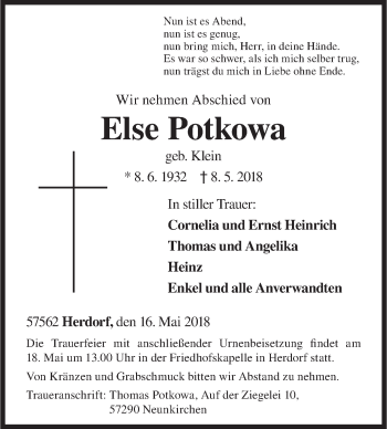 Traueranzeige von Else Potkowa von Siegener Zeitung
