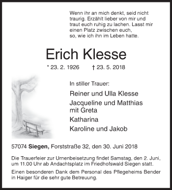 Traueranzeige von Erich Klesse von Siegener Zeitung