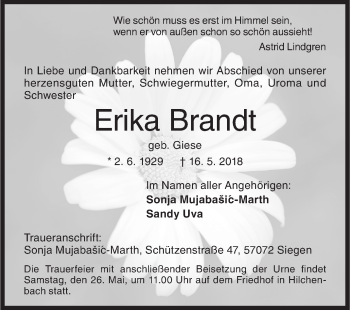 Traueranzeige von Erika Brandt von Siegener Zeitung