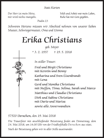 Traueranzeige von Erika Christians von Siegener Zeitung