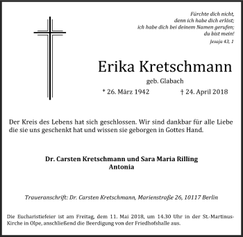 Traueranzeige von Erika Kretschmann von Siegener Zeitung