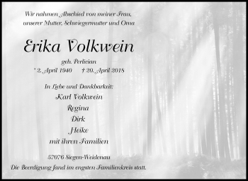 Traueranzeige von Erika Volkwein von Siegener Zeitung