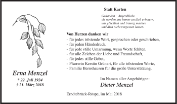 Traueranzeige von Erna Menzel von Siegener Zeitung