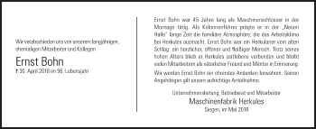 Traueranzeige von Ernst Bohn von Siegener Zeitung