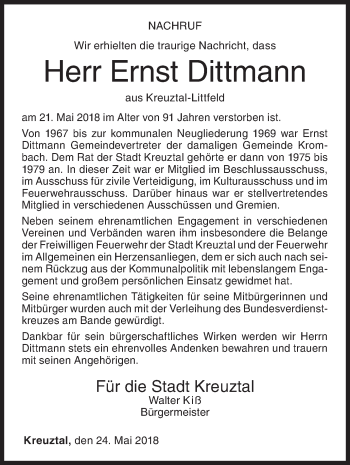 Traueranzeige von Ernst Dittmann von Siegener Zeitung