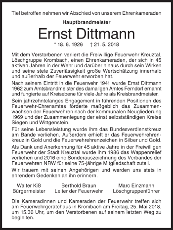 Traueranzeige von Ernst Dittmann von Siegener Zeitung