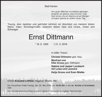 Traueranzeige von Ernst Dittmann von Siegener Zeitung