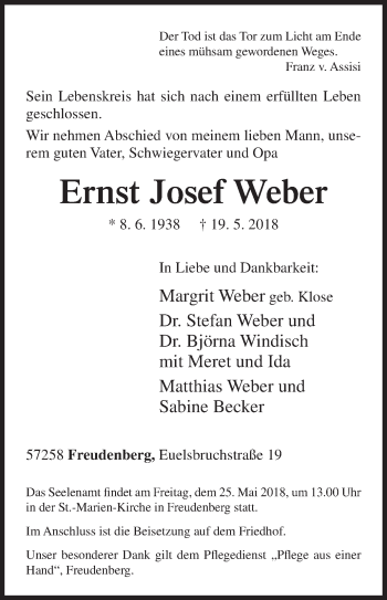 Traueranzeige von Ernst Josef Weber von Siegener Zeitung