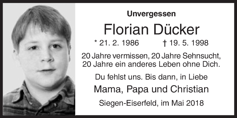  Traueranzeige für Florian Dücker vom 19.05.2018 aus Siegener Zeitung