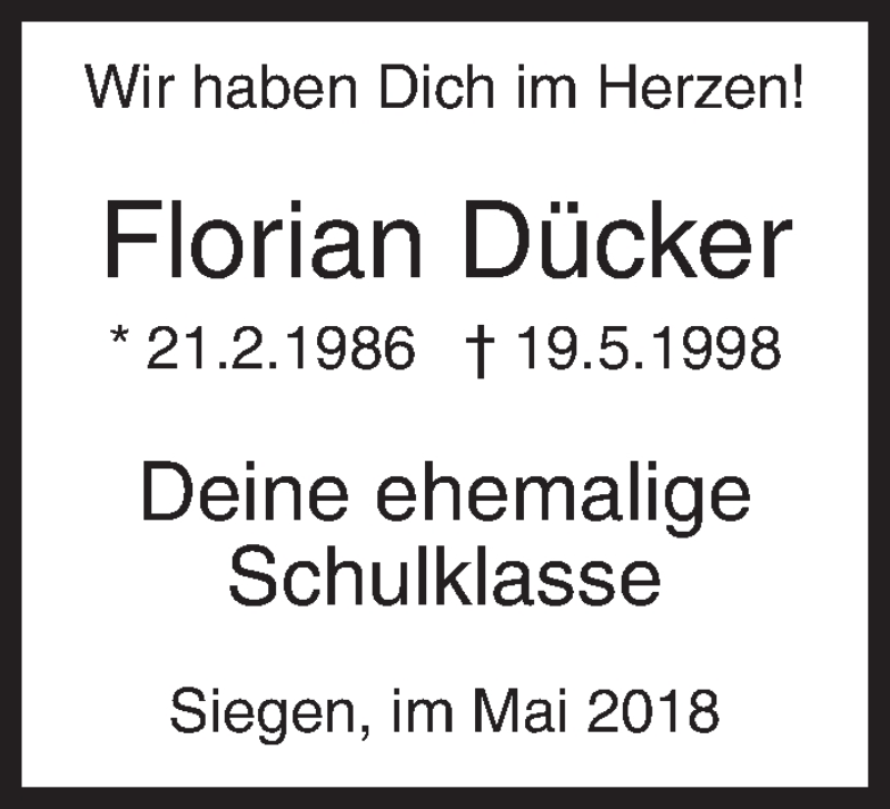  Traueranzeige für Florian Dücker vom 26.05.2018 aus Siegener Zeitung
