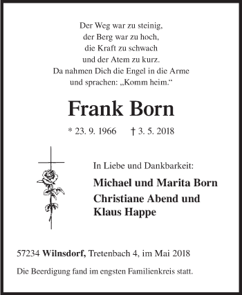 Traueranzeige von Frank Born von Siegener Zeitung