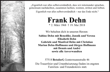Traueranzeige von Frank Dehn von Siegener Zeitung