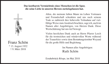 Traueranzeige von Franz Schön von Siegener Zeitung