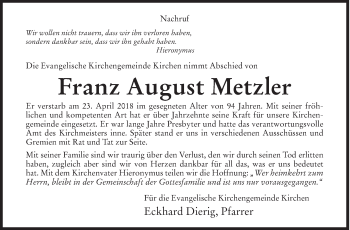 Traueranzeige von Franz August Metzler von Siegener Zeitung