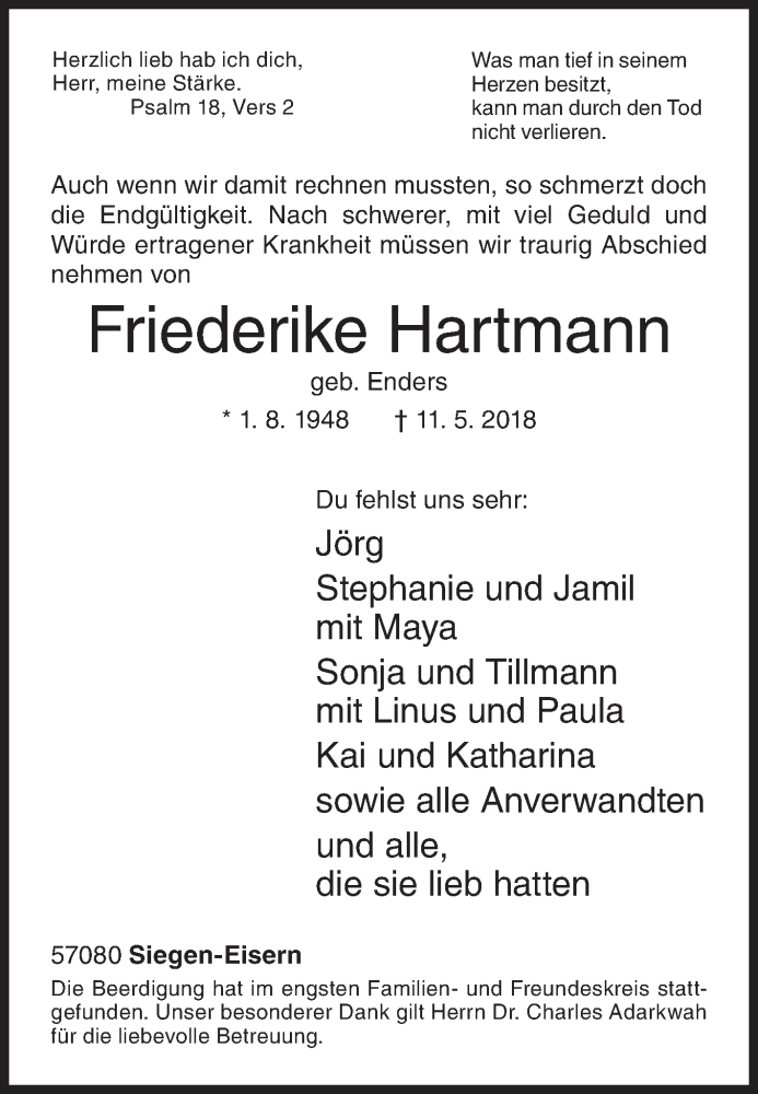  Traueranzeige für Friederike Hartmann vom 18.05.2018 aus Siegener Zeitung