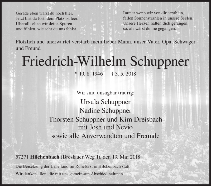  Traueranzeige für Friedrich-Wilhelm Schuppner vom 19.05.2018 aus Siegener Zeitung