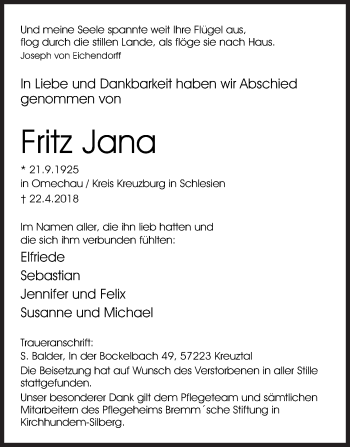 Traueranzeige von Fritz Jana von Siegener Zeitung