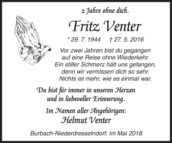 Traueranzeige von Fritz Venter von Siegener Zeitung