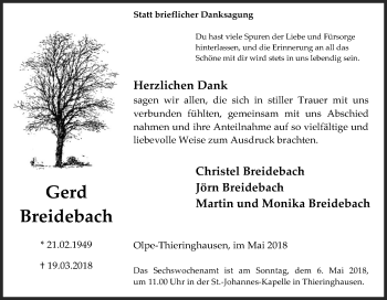 Traueranzeige von Gerd Breidebach von Siegener Zeitung