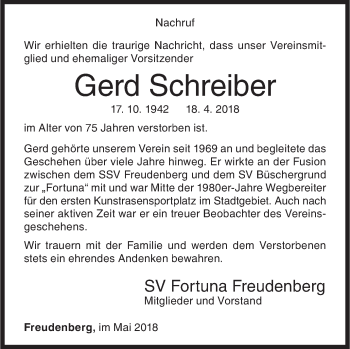 Traueranzeige von Gerd Schreiber von Siegener Zeitung