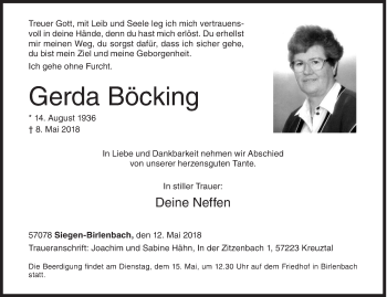 Traueranzeige von Gerda Böcking von Siegener Zeitung