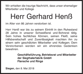 Traueranzeige von Gerhard Henß von Siegener Zeitung