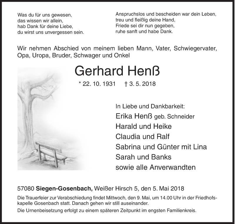 Traueranzeige für Gerhard Henß vom 05.05.2018 aus Siegener Zeitung