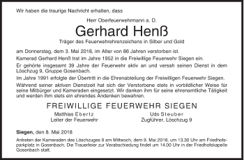 Traueranzeige von Gerhard Henß von Siegener Zeitung