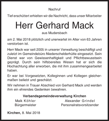 Traueranzeige von Gerhard Mack von Siegener Zeitung