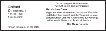 Traueranzeige von Gerhard Zimmermann von Siegener Zeitung
