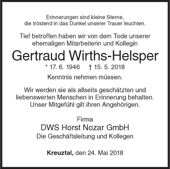 Traueranzeige von Gertraud Wirths-Helsper von Siegener Zeitung
