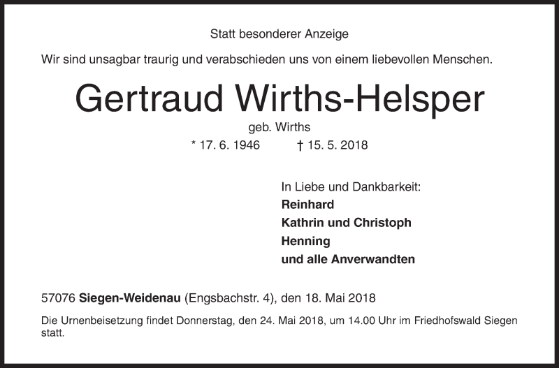  Traueranzeige für Gertraud Wirths-Helsper vom 18.05.2018 aus Siegener Zeitung