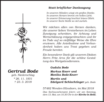 Traueranzeige von Gertrud Bode von Siegener Zeitung