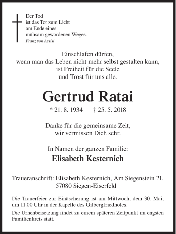 Traueranzeige von Gertrud Ratai von Siegener Zeitung