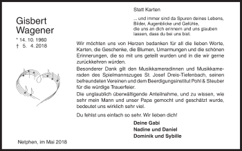 Traueranzeige von Gisbert Wagener von Siegener Zeitung