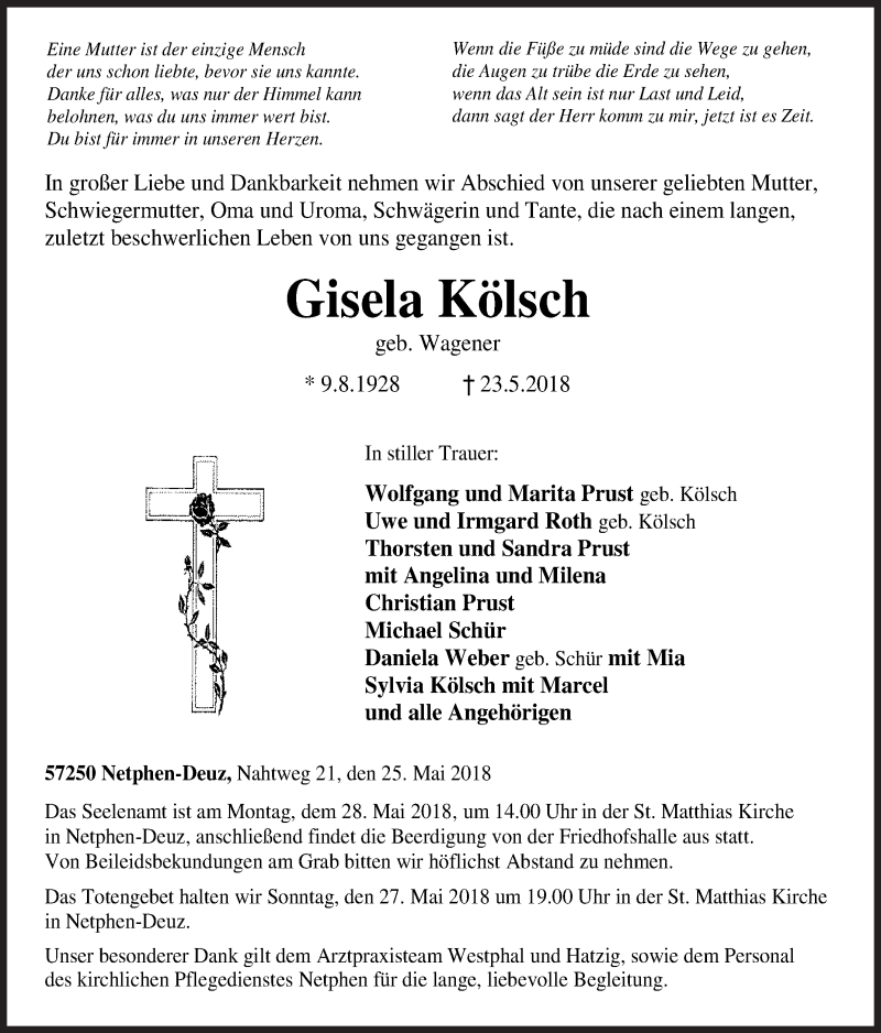  Traueranzeige für Gisela Kölsch vom 25.05.2018 aus Siegener Zeitung