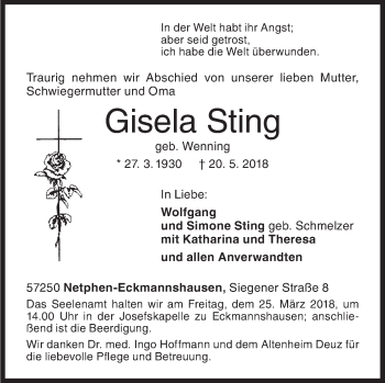 Traueranzeige von Gisela Sting von Siegener Zeitung