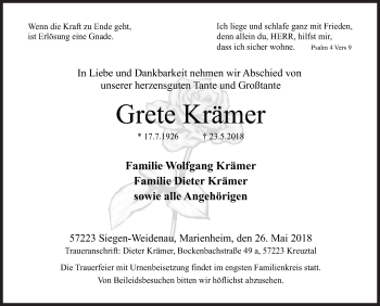 Traueranzeige von Grete Krämer von Siegener Zeitung