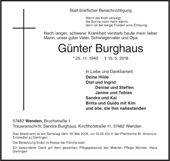 Traueranzeige von Günter Burghaus von Siegener Zeitung