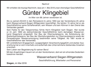 Traueranzeige von Günter Klingebiel von Siegener Zeitung