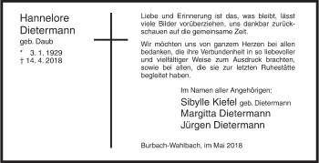Traueranzeige von Hannelore Dietermann von Siegener Zeitung